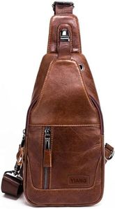 Leathario Bolso Hombro de Pecho Bandolera Cuero Vintage Grande Shoppers Mochila Cruzada de Viaje Trabajo Casual Crossbody para Hombres Marrón