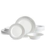 MATANA 96 Pcs White Plastic Tableware Set with Silver Border - 32 Dinner Plates, 32 Side Plates, 32 Bowls - Elegant & Reusable Dinnerware for Parties, Wedding, Birthday, Picnic