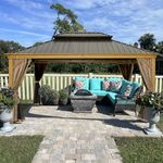 Domi Outdoor Living 12’ X 16’ Hardtop Gazebo Outdoor Aluminum Gazebo with Galvanized Steel Double Roof for Lawn and Garden, with Curtains & Net (Wood-Looking)