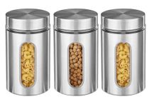 WRINGO 900ml Steel And Glass Food Storage Airtight tea coffee sugar containers for Kitchen Storage Container with Lid For Tea Coffee & Sugar, Dry Fruit jars, Storage Box, Set of 3 (WR-14)