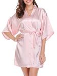 Vlazom Women's Kimono Robes Dressing Gown Satin Bathrobe Nightdress Short Style Bridal Robe with Oblique V-Neck Pink,L