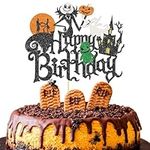 Xsstarmi 1 Pack Halloween Happy Birthday Cake Topper Halloween Party Cake Decoration Jack and Sally Ghost House Pumpkin Bat Witch Cake Pick for Halloween Theme Baby Shower Birthday Party Decorations