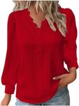 Long Sleeve Tops for Women UK Elegant Lace Splicing Hollow Bubble Solid Color Plus Size Blouses V-Neck Shirt Ladies Soft Comfy Classic-Fit Dressy Casual Tops for Work Office Red