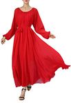 BUENOS NINOS Women's Long Sleeve Crew Neck Loose Chiffon Long Maxi Dress with Belt Red S