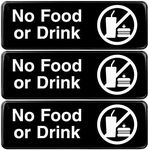 Excello Global Products No Food or Drink Sign: Easy to Mount Informative Plastic Sign with Symbols 9” x 3”, Pack of 3 (Black)