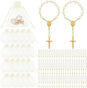 60 Pieces Rosary Favors Mini Rosary Baptism Favors Acrylic Rosary Beads Finger Baptism Rosaries with Organza Bags for Christening Weddings Party