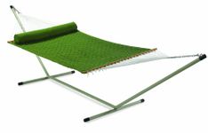 Hangit Double Soft Weave Hammock Outdoor Furniture with Stand & Pillow for Garden, Green, Double Person use, 200 kg Weight Capacity, All in one Complete Set