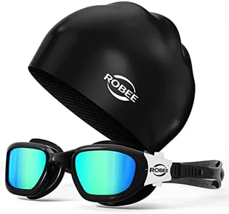 Robee Swim Goggles Silicone Swimming Cap and Carrying Case, Polarized Pool Goggles for Adult Men Women Youth