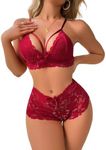 Lilosy Sexy Underwire Push Up Strappy Embroidered Cute Mesh Sheer Lingerie Set See Through Panty Bra 2 Piece, Flower Burgundy Red, Medium