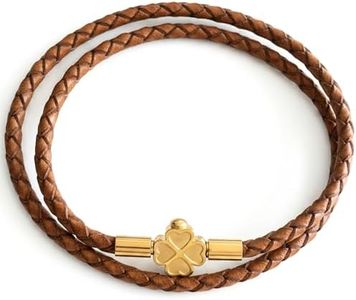 Leporem Brown Leather Wrap Bracelet Choker 18K Gold Plated Clover 15.7 Inch