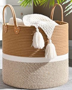 KAKAMAY Large Blanket Basket (18"x18"x16"),Woven Baby Laundry Hamper for Storage, Cotton Rope Blankets Baskets for Nursery, Laundry, Living Room, Pillows, Baby Toy chest with Handles Navyblue