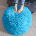 HIGOGOGO Round Stuffed Pouf Ottoman, Long Faux Fur Poufs with Foam Chunk Filling, Fluffy and Furry Pouf Foot Stool Storage Ottoman, 26 X 18 Floor Poufs Foot Rest for Living Room, Blue