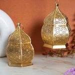 Purestory Lanterns for Home Decor | Lantern for Candle | Antique Metal Lantern and Hanging Tealight Holder for Home Decor Items | Lantern for Diwali | Gold Moroccan Hanging Lantern | Size 6 Inches