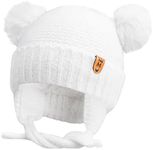 ELUTONG Baby Winter Bobble Hat - Infant Newborn Pompom Beanie with Earflaps Chin Strap, Furry Warm Knitted Cotton Lined Double Pom Pom Hat, 0-12 Months White