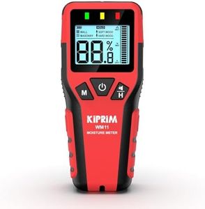 Kiprim Pinless Damp Meter Moisture Meter for Wood, Walls, Masonry – Accurate Non-Destructive Testing with Audible and Visual Alarm, Data Hold, and Mute Function WM11