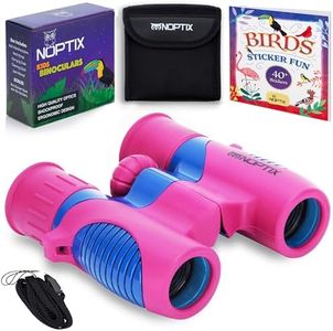 Kids Binoculars girls or boys Real Binoculars in vibrant Pink and Blue - for ages 3 to 14 - includes Sticker Book of 40 Birds with species names