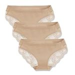 LIQQY Women's 3 Pack Low Rise Cotton Lace Coverage Bikini Panties Underwear (Small, Nude)