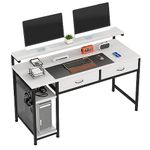 MUTUN 55" Computer Desk, Office Desk with Drawers, Home Office Desk with Adjustable Monitor Stand and Hook, Study Desk with Shelves, White