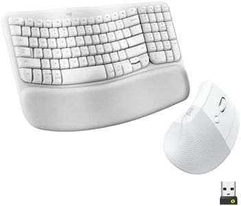 Logitech Wave Keys & Lift Vertical Mouse Ergonomic Wireless Combo - White | Wave-shaped ergonomic keyboard with cushioned palm rest, vertical mouse, connect up to 3 devices, for Multi-OS, Windows / Mac