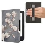 kwmobile Case Compatible with Kobo Clara 2E / Tolino Shine 4 Case - PU Cover w/Strap - Magnolias Taupe/White/Blue Grey