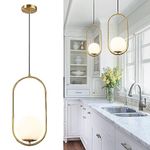 BOKT Mid Century Modern Globe Pendant Light Fixture Brushed Brass Gold Kitchen Island Pendant Lighting 1-Light Single White Glass Ball Ceiling Pendant Lamp