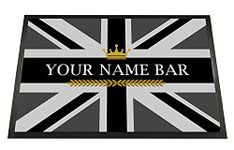 Personalised Bar Door mat - Grey Union Jack crown, any name, Door mat 60 x 40cm, non slip base indoor home bar door mat