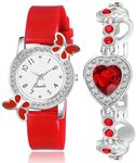 Acnos Polyurethane White Dial Red Colors Diamond Analog Watch With Heart Bracelet For Girl Best Design Butterfly Combo 2 Pack Of 2, Red Band