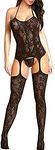 Bommi Fairy Women's Fishnet Chemise BobyStocking Babydoll Bodysuit Chemise Nightwear Perspective Lingerie Mini Dress One Size (Black)