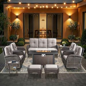 HUMMUH 10 Piece Wicker Patio Set, Swivel Rockers, Sofa & Fire Pit