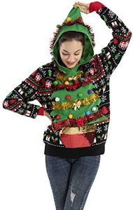Unisex Women's Ugly Christmas Sweater Funny Santa Reindeer Hoodie Jumper Novelty Knit Pullover (Medium)
