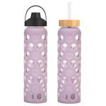 Luxgola 32 oz Glass Water Bottles with 2 Lids - Handle Spout Lid & Bamboo Straw Lid, Motivational Water Tumbler with Time Marker Reminder and Silicone Sleeve, Leakproof (Taro Purple-1 Pack)