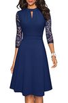 HOMEYEE Women's Elegant Hollow Out Lace Sleeve Swing Pleated Party Cocktail Dress A234 (S, Navy Blue)