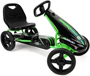 Air Jet Pedal Go Kart - Green - Kids, Sporty Graphics on The Front Fairing, Adjustable Bucket Seat, 4 Spoke Rims w/ 10" EVA Wheels, Sporty Steering Wheel, Kids Go Kart Ages 4+