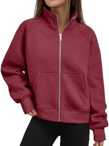 Trendy Queen Womens Sweatshirts Zip Up Hoodies Cropped Crewneck Pullover Casual Jackets Y2k Clothes Fall Fashion Outfits WineRed L