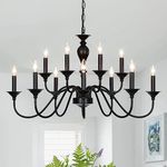 LIGHTDAMY Black Farmhouse Chandeliers for Dining Room Light Fixtures Over Table, 12 Light Industrial Candle Hanging Light Fixture for Living Room Kitchen Island Foyer Staircase