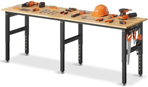 MUWOOD 92” Adjustable Work Bench, 5000 LBS Capacity Heavy Duty Workbench with Power Outlet & Pegboard, Rubber Wood Work Table for Garage, Workshop, Office, Home