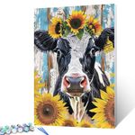 Cow with Sunflower Crown Picture Paint by Numbers for Adults Beginner Cute Animal Wall Art for Bathroom Bedroom Retro Style Digital Drawing Painting for Modern Home Decor Gift 16x20inch(Frameless)