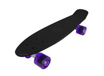 Vinsani Retro Cruiser Plastic Fun Skateboard 22" X 6" Available In Various Deck Colours with Transparent & Solid Wheel Colours (BLACK DECK + PURPLE TRANSPARENT WHEELS) & Free Carry Case