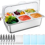 Tessco 1 Set Countertop Food Serving Display Container Stainless Steel Condiment Dispenser Display Rack with Lid 6 Pcs Clamps 6 Pcs Spoons 3 Pcs Ice Boxes for Salad Buffet Restaurant (6 Compartments)