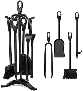 Amagabeli Garden Home 25.2"(64cm) 5 Pieces Fireside Companion Set Black Wrought Iron Fireplace Tools Sets Wood Burner Accessories Indoor Fire Pit Stand Tongs Shovel Brush Chimney Poker Wood Stove