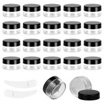 20pcs 10 Gram/10ml Jars, Sample Pots, Mini Jars With Lids, Clear Round Plastic Jars With 2 Mini Spatulas For Various Cosmetic Products, Samples， Eye Shadow Lip Balm, and Nail Powder (Black)