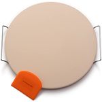 16" Pizza Stone for Oven & Grill with Handles - Natural Cordierite Baking Stone Set with SS Rack & Plastic Scraper (1500 °F Resistant, Round, Large)