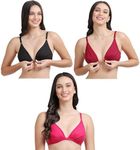 Women's Front Open Bra for Women, Girls, and Ladies Pack of 3 Pieces Cotton Fabric Black Pink Maroon Color Non-Padded Bra Full Coverage Front Closser (B, RBM, 38)