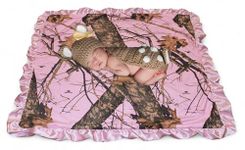 Mossy Oak BU Pink Camo Baby Blanket, Super Soft Carstens Microfur Back and Satin, Bow, Newborn Pink Camouflage Gift Blanket