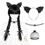 Long Double Braids Kids Black Wig with Bangs + Headband + Choker Girls Middle Part Heat Resistant Synthetic Wig for Halloween Costume Cosplay