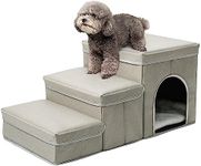 Hibtn Cat Dog Steps,Dog Stairs With Pet Bed& Sofa,Foldable 3 Tiers Steps,Dog Steps With Storage Boxes,Pet Ramp Pet Ladder For Dogs Cats,3 in 1 Pet Safety Ladder,House For Small Dog And Cat,Beige