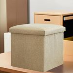 Kuber Industries Storage Stool | Square Toy Storage Box | Foot Rest Stool | Folding Seating Stool | Wardrobe Organizer for Clothes-Books | Storage Box for Living Room | M ZH008BG | Beige