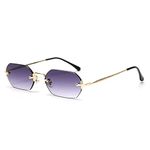 kachawoo Men Rectangle Sunglasses Rimless Octagonal Small Glasses Women Metal Blue Brown, Gold With Grey, Small