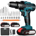 NUZEKY Cordless Drill Driver 21V: Powerful Cordless Drill Set with 2 Batteries 2.0Ah, 25+3 Torque, 24PCS Drill Bits, 2 Speed, LED Light for DIY Project