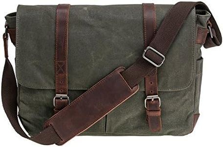 Peacechaoscotton Canvas Genuine Crazy-horse Leather Cross Body Laptop Messenger Bag - Men Business Vintage Handbag / Briefcase (Army Green)